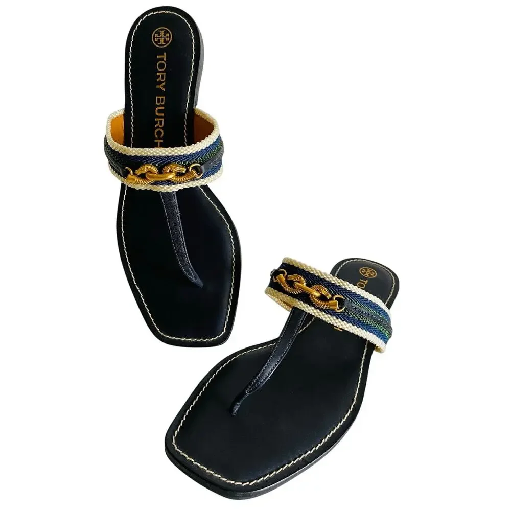 Tory Burch Jessa‎ Navy Leather Thong Sandals Dragon Chain Stripe Webbing 9.5